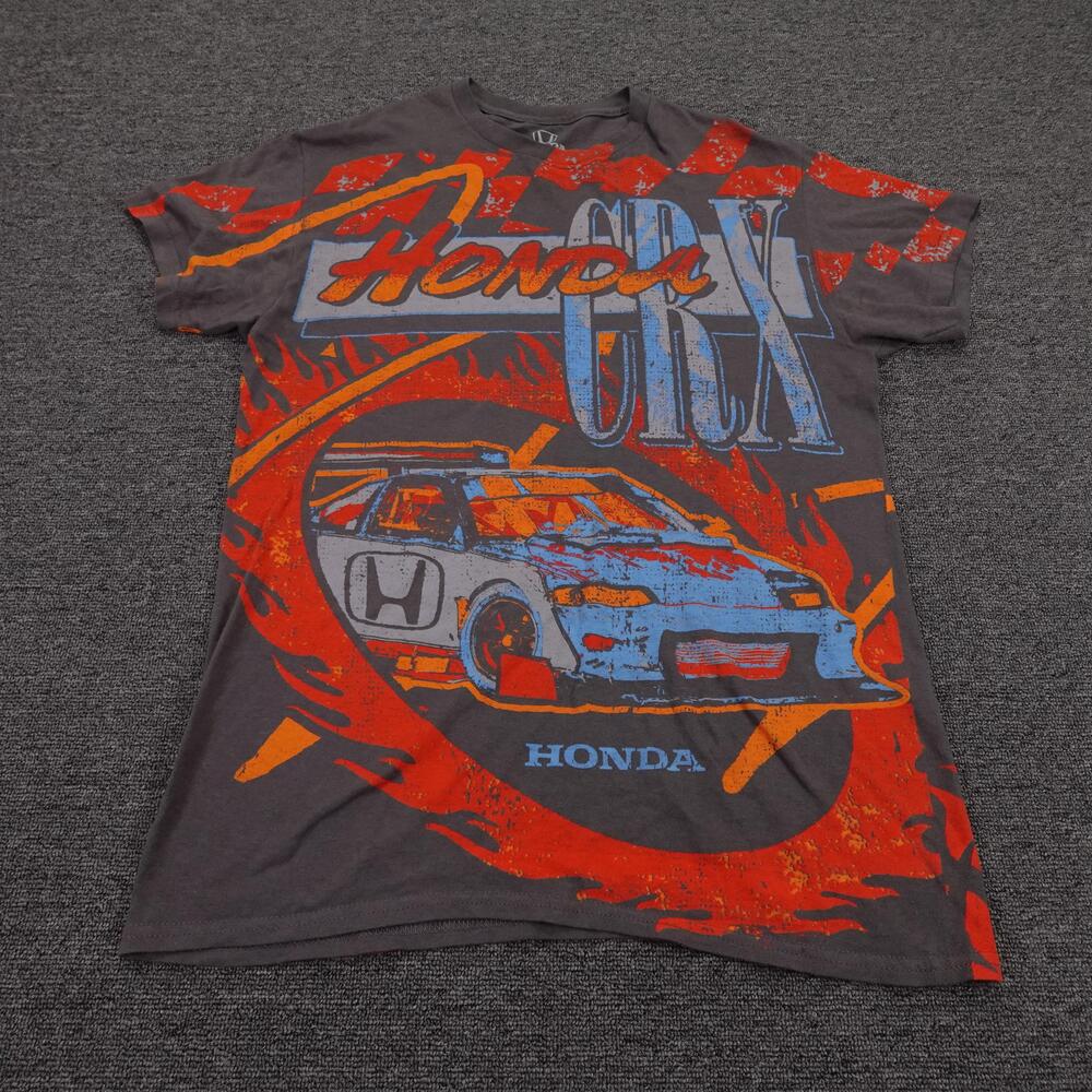 Honda CRX Shirt Mens Small Gray All Over Flames Racing Graphic Tee Double Sided